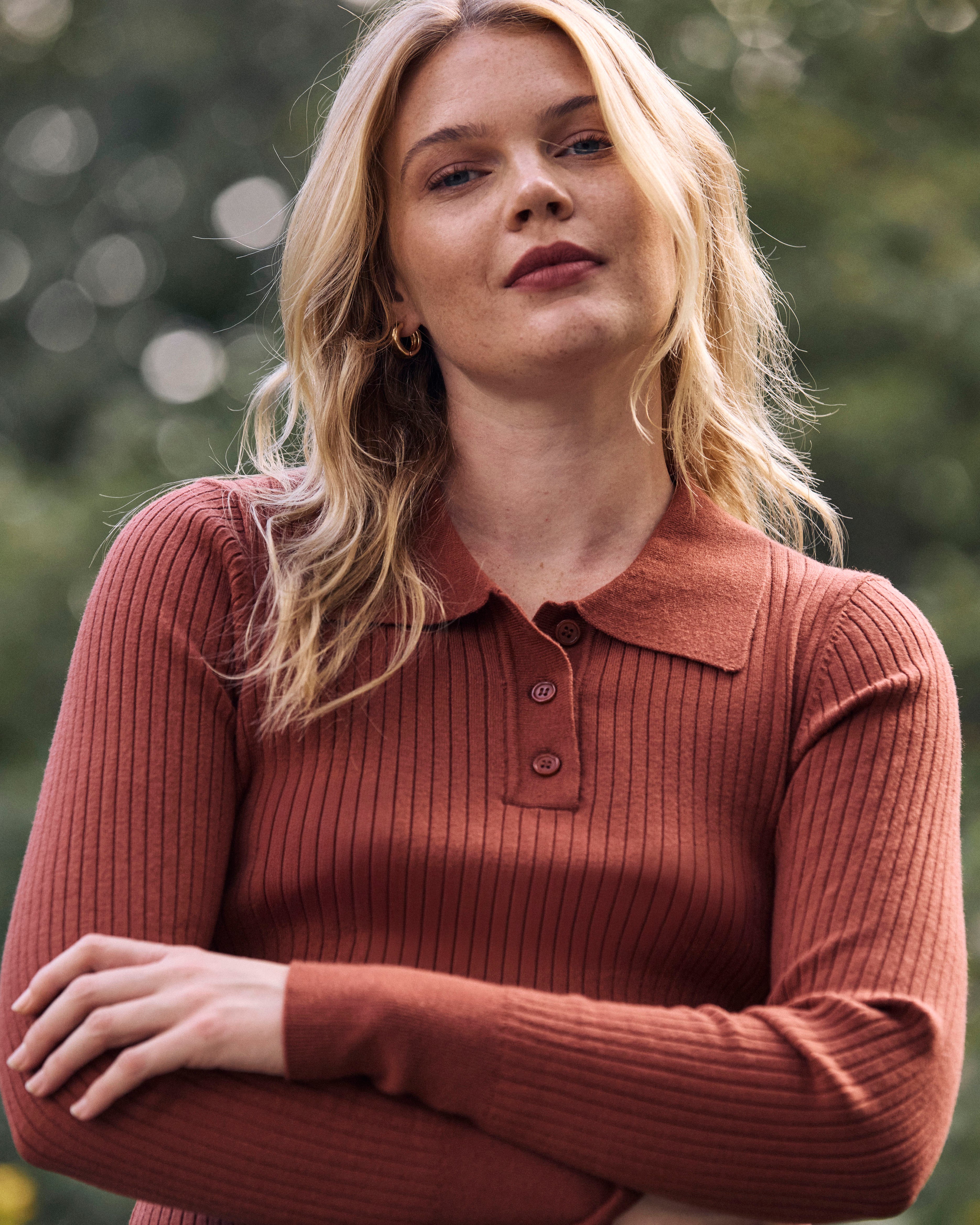 Savvy Fine Ribbed Polo Sweater - Cognac from Universal Standard